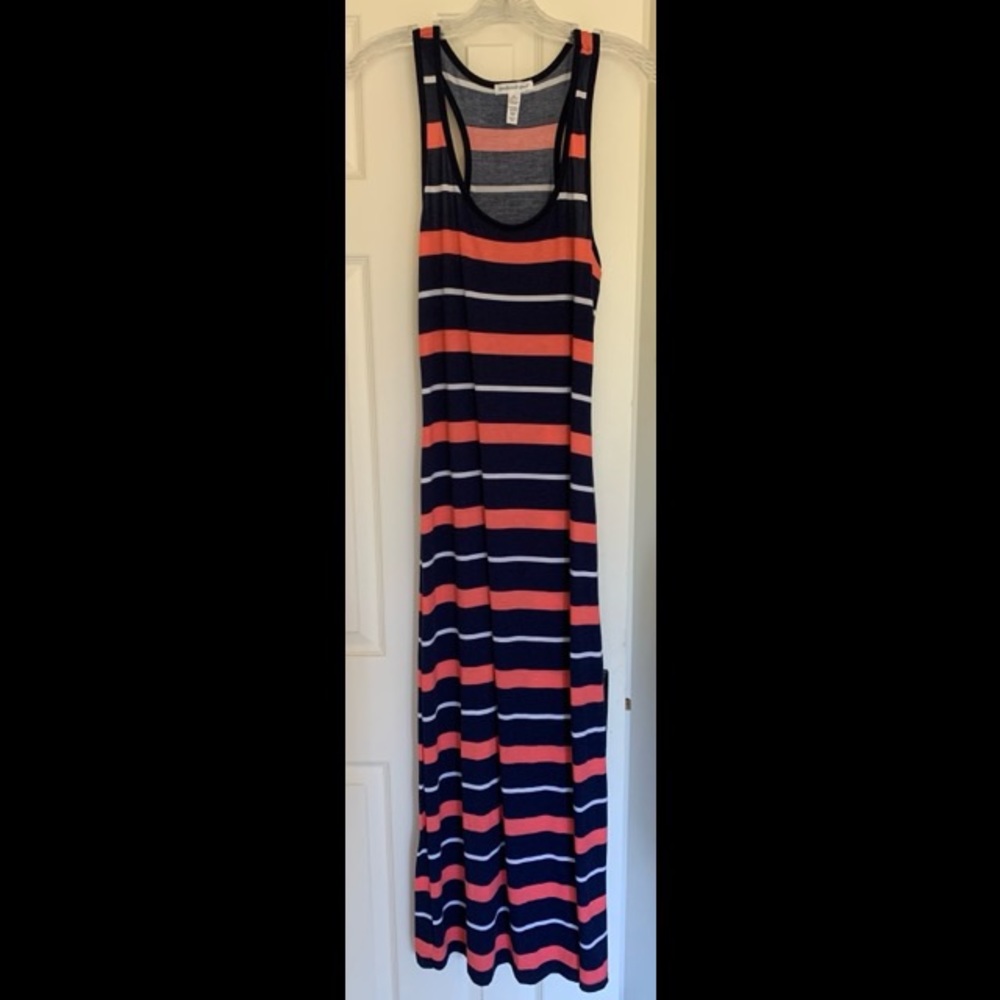 Blue, pink and white striped maxi dress